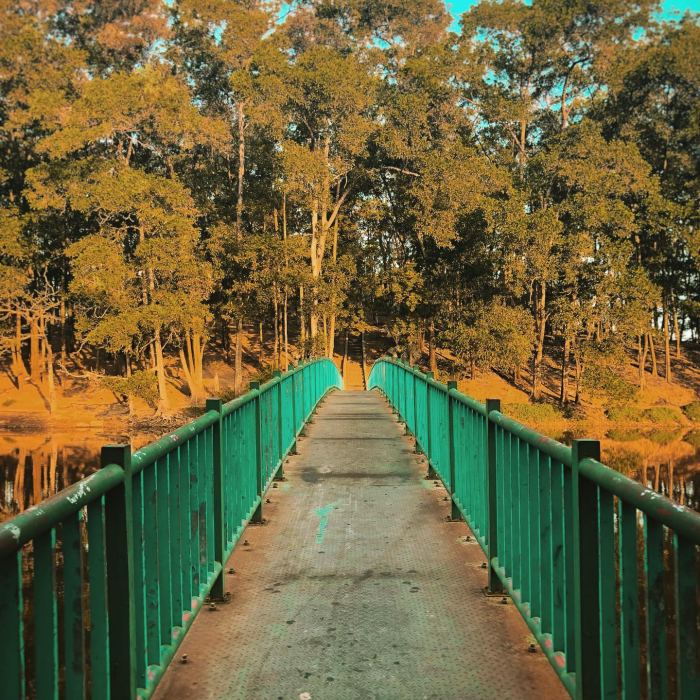 The iron bridge across the peninsula connects the lake.