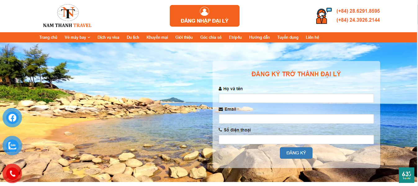 Trang web Nam Thanh Travel bán vé máy bay nội địa - quốc tế