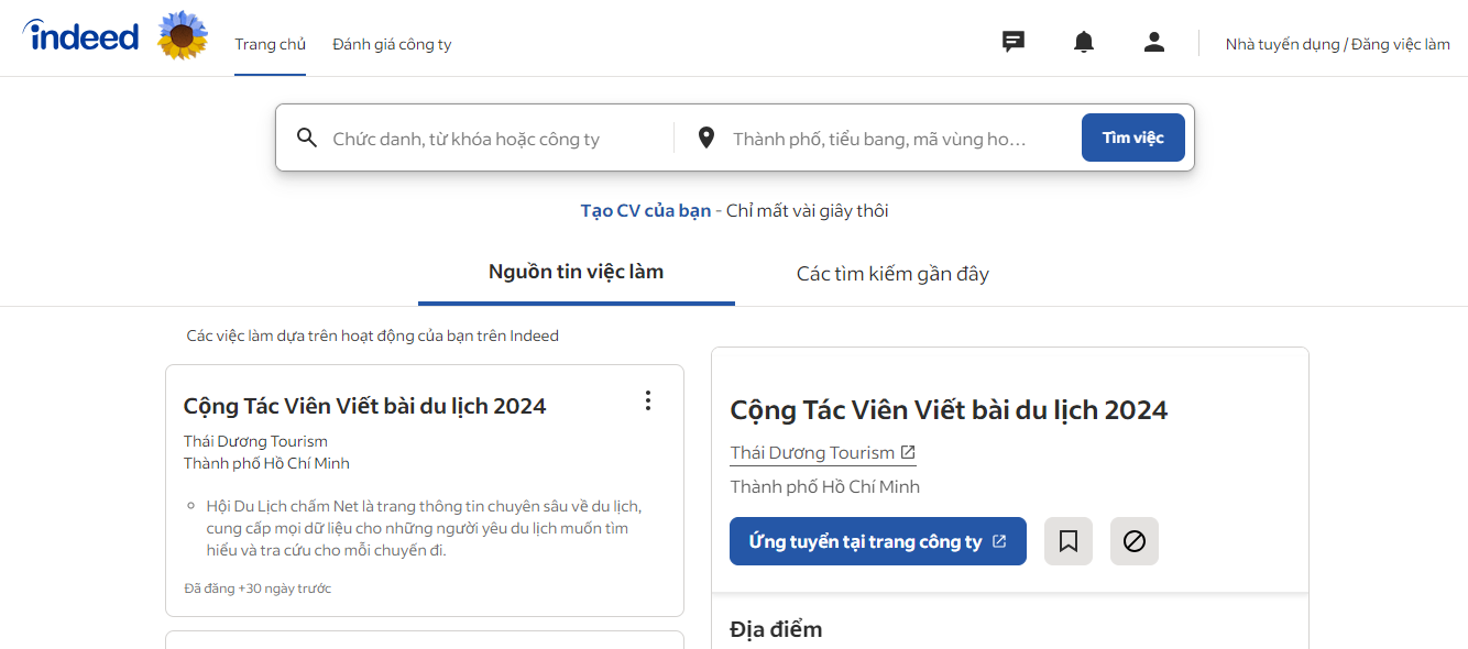 Indeed - Trang web tuyển dụng nhân sự về ngành du lịch, khách sạn