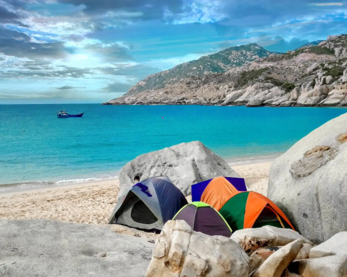 With a terrain of large golden sand beaches, this is an ideal place to camp in Ninh Thuan province.