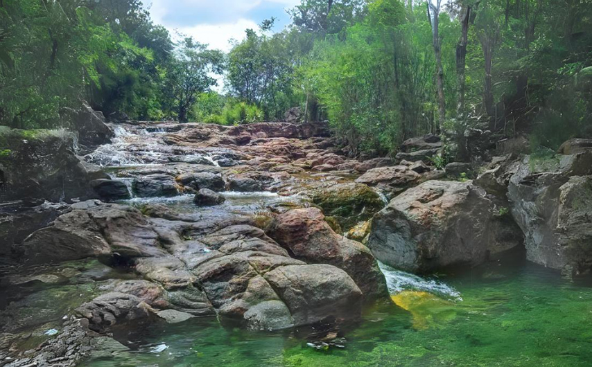 在巨大的 Cau 山脉中部，Truc Tay Ninh 溪流在广阔的森林中蜿蜒蜿蜒