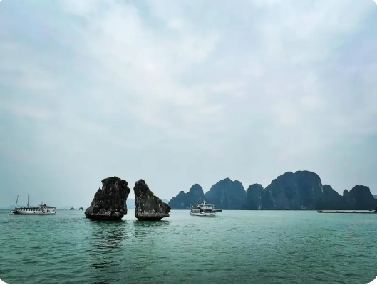 Seen from a distance, Trong Mai island stands tall in the middle of the clear blue water