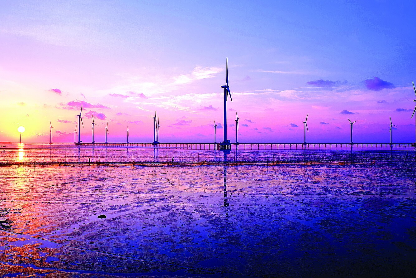 Sunset on the pinwheel field of Bac Lieu sea