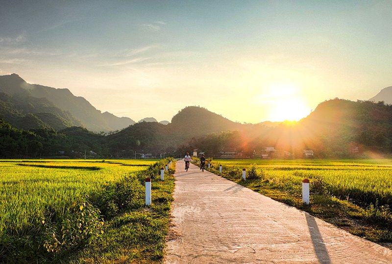 晚霞渐渐落在Ban Lac Mai Chau，稻田显得更加闪闪发光