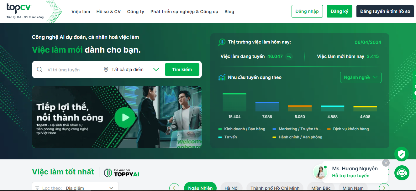 TopCV - Trang web tuyển dụng nhân sự về ngành du lịch, khách sạn